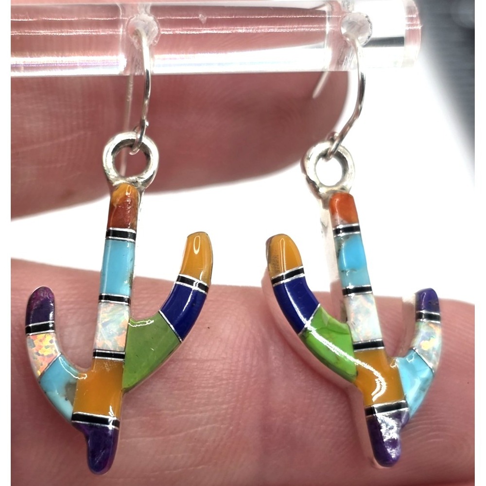 Multi-Gemstone Cacti Earrings Sterling Silver Inlays 0.94" Handmade Signed NEW - Picture 4 of 13